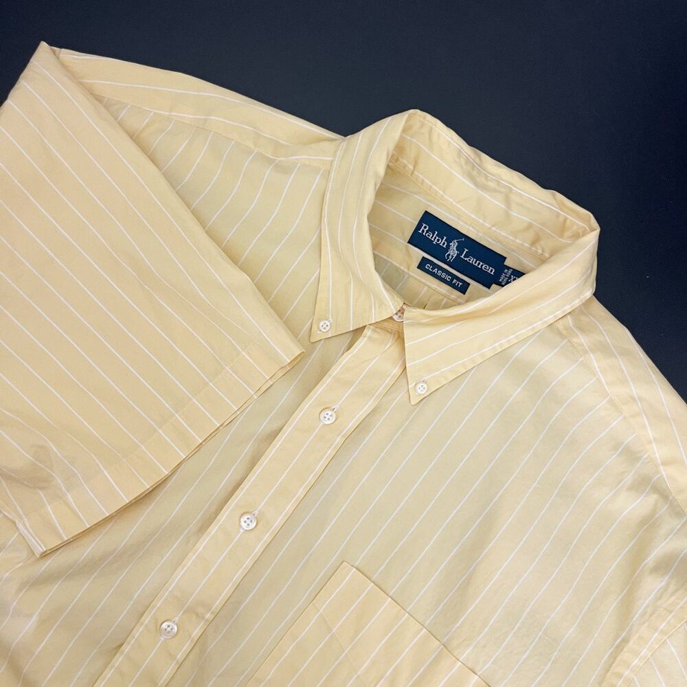 VTG Ralph Lauren Shirt Mens XL Yellow Striped Classic Fit Short Sleeve Button Up